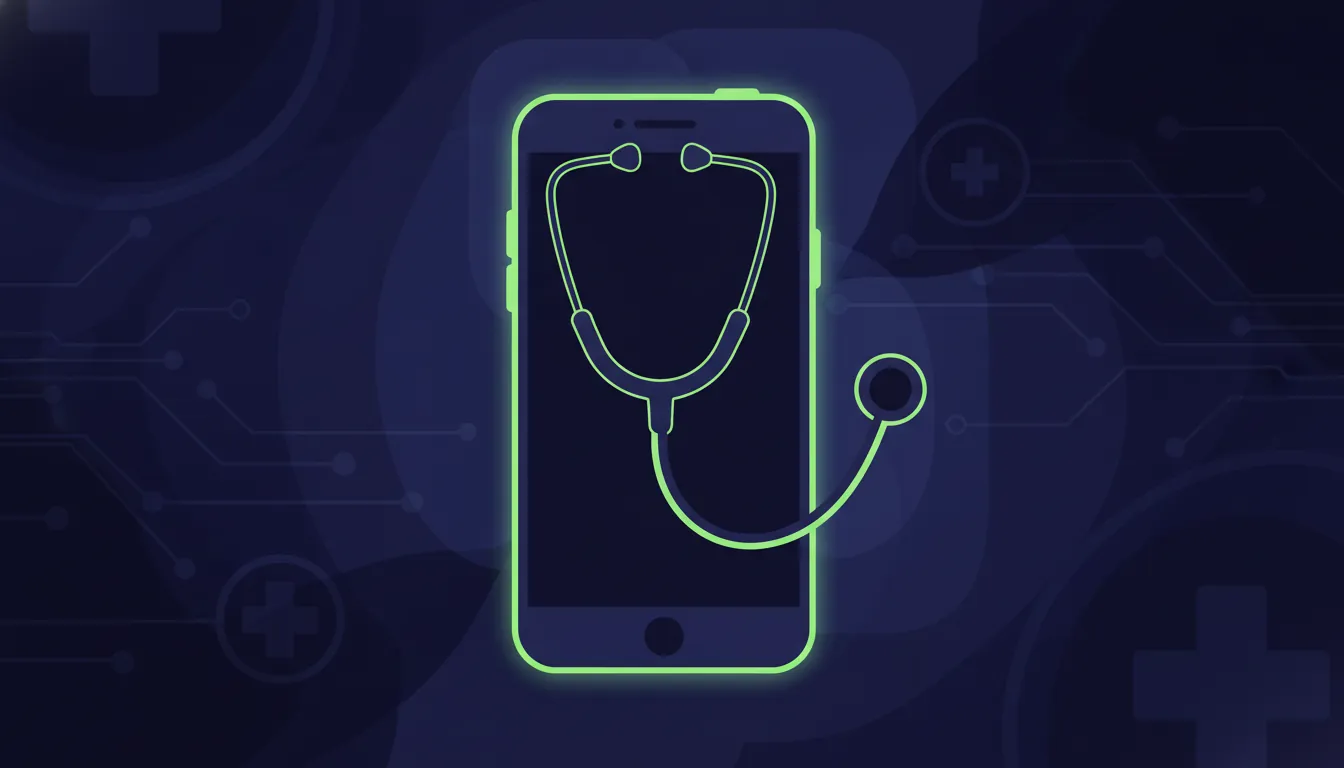 A smartphone with a stethoscope, representing virtual healthcare services.