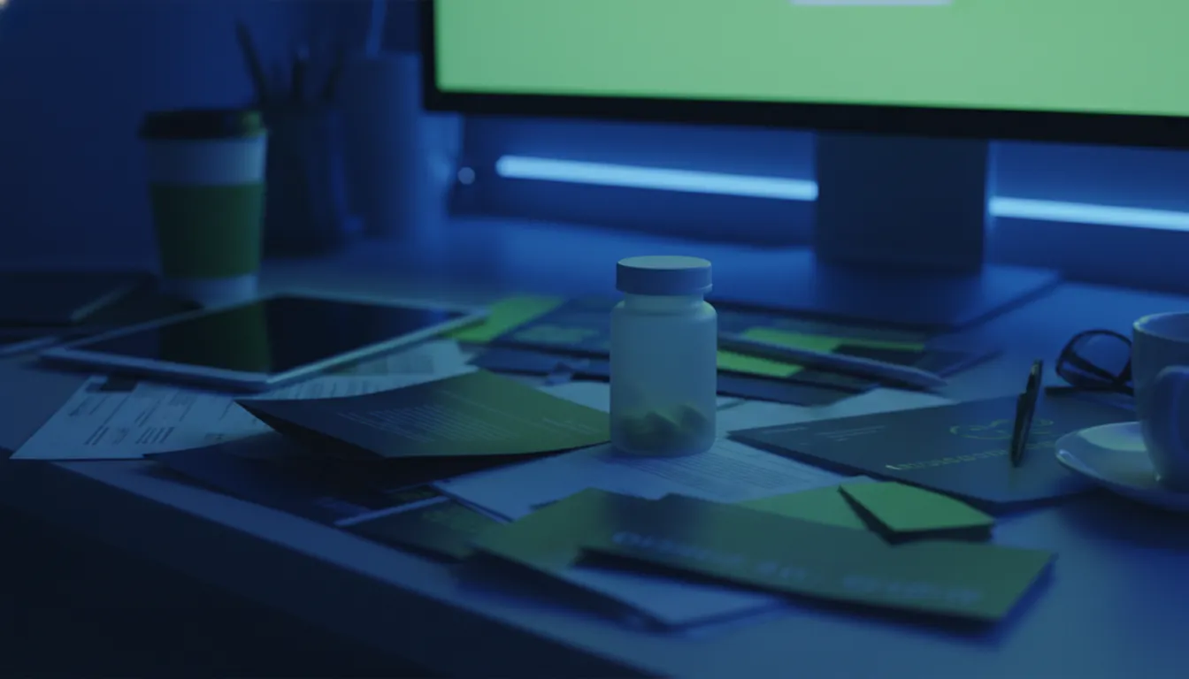 A pill bottle on a desk with marketing materials in a dimly lit office.
