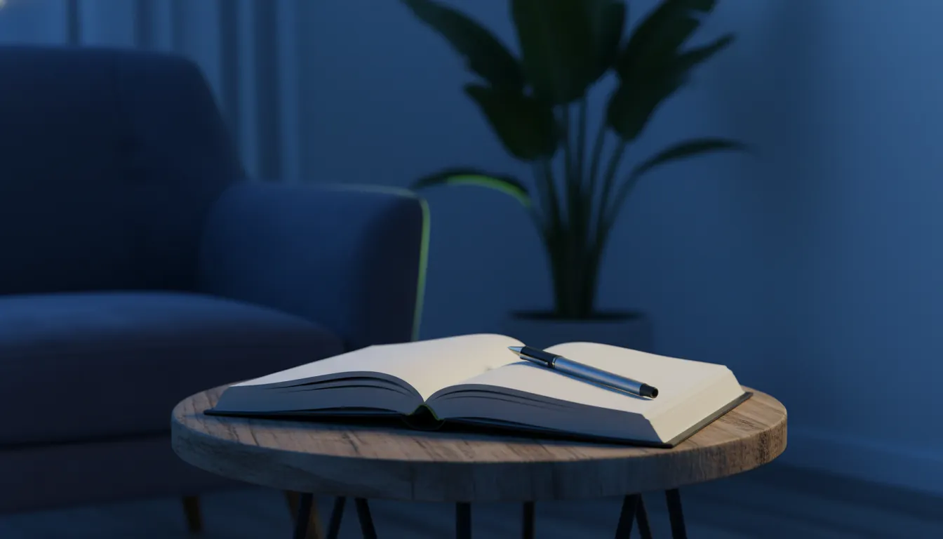 An open therapeutic journal and pen in a cozy mental health clinic corner.