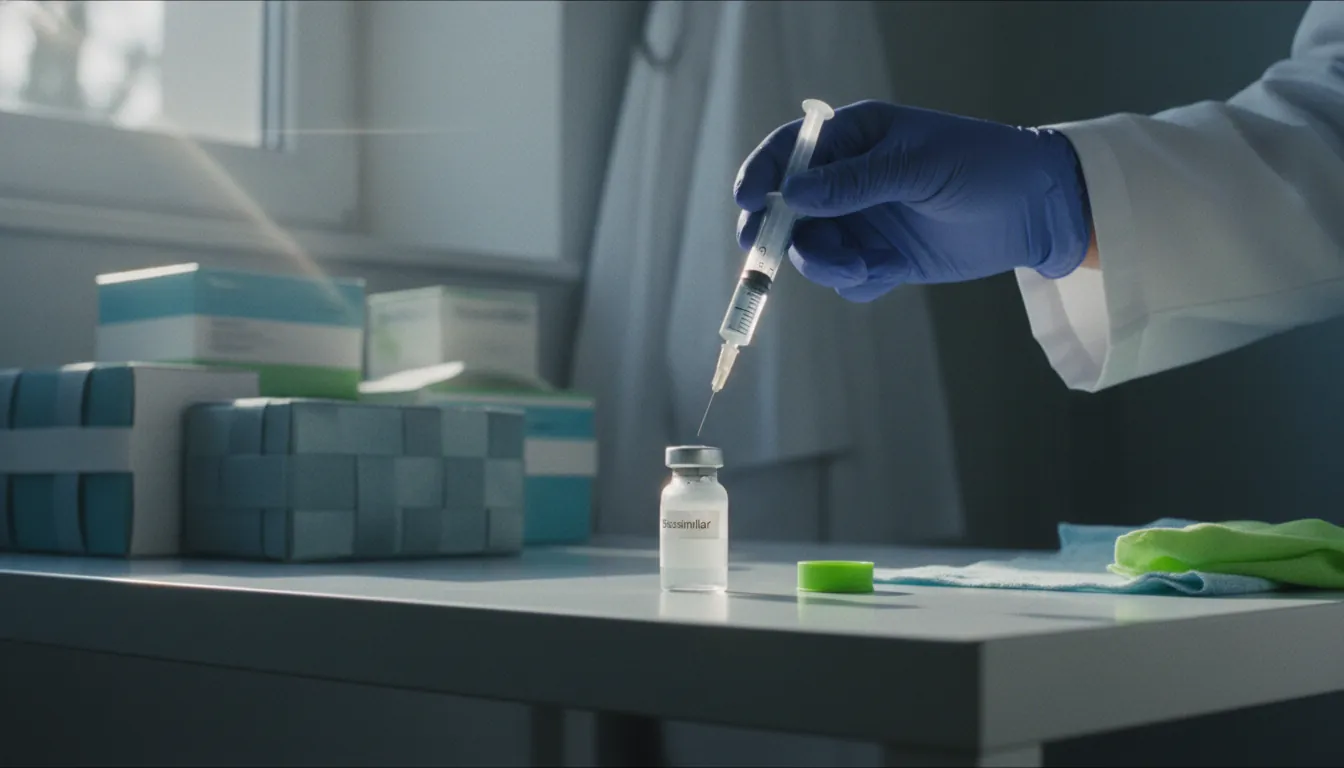 A syringe and vial of biosimilar in a clinical trial setting