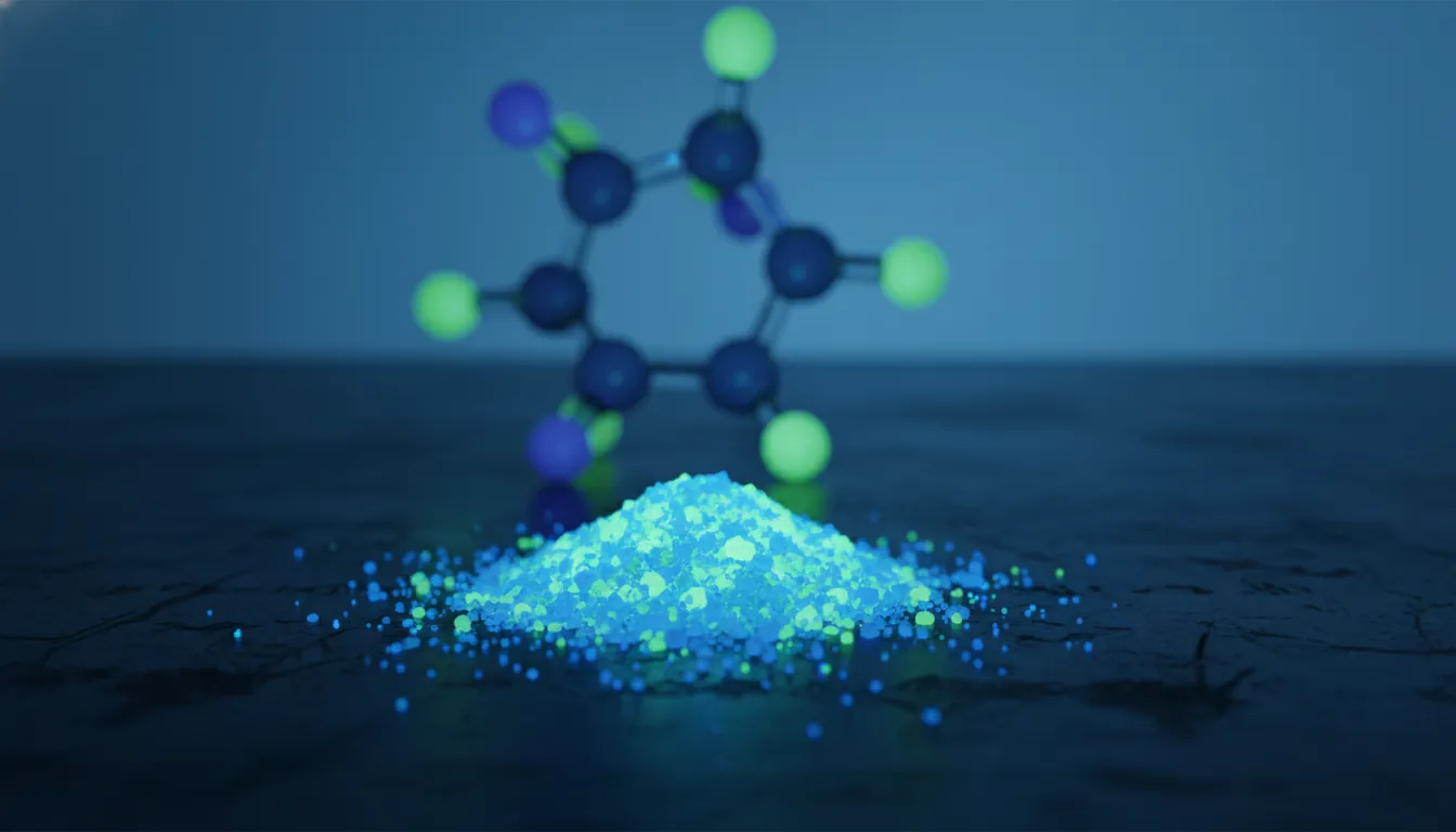 A drug compound on a lab surface with a molecular model behind it.