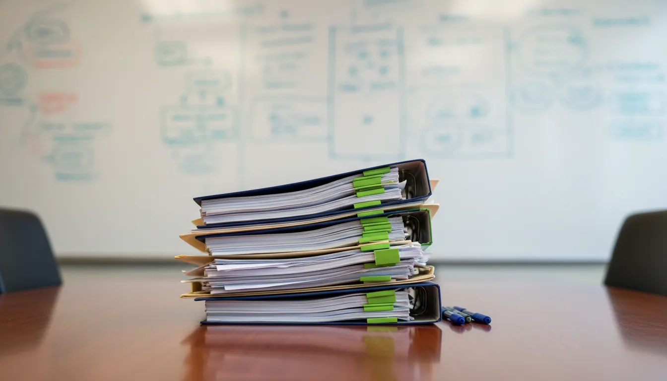 A stack of clinical trial documents on a conference table with a whiteboard in the background.