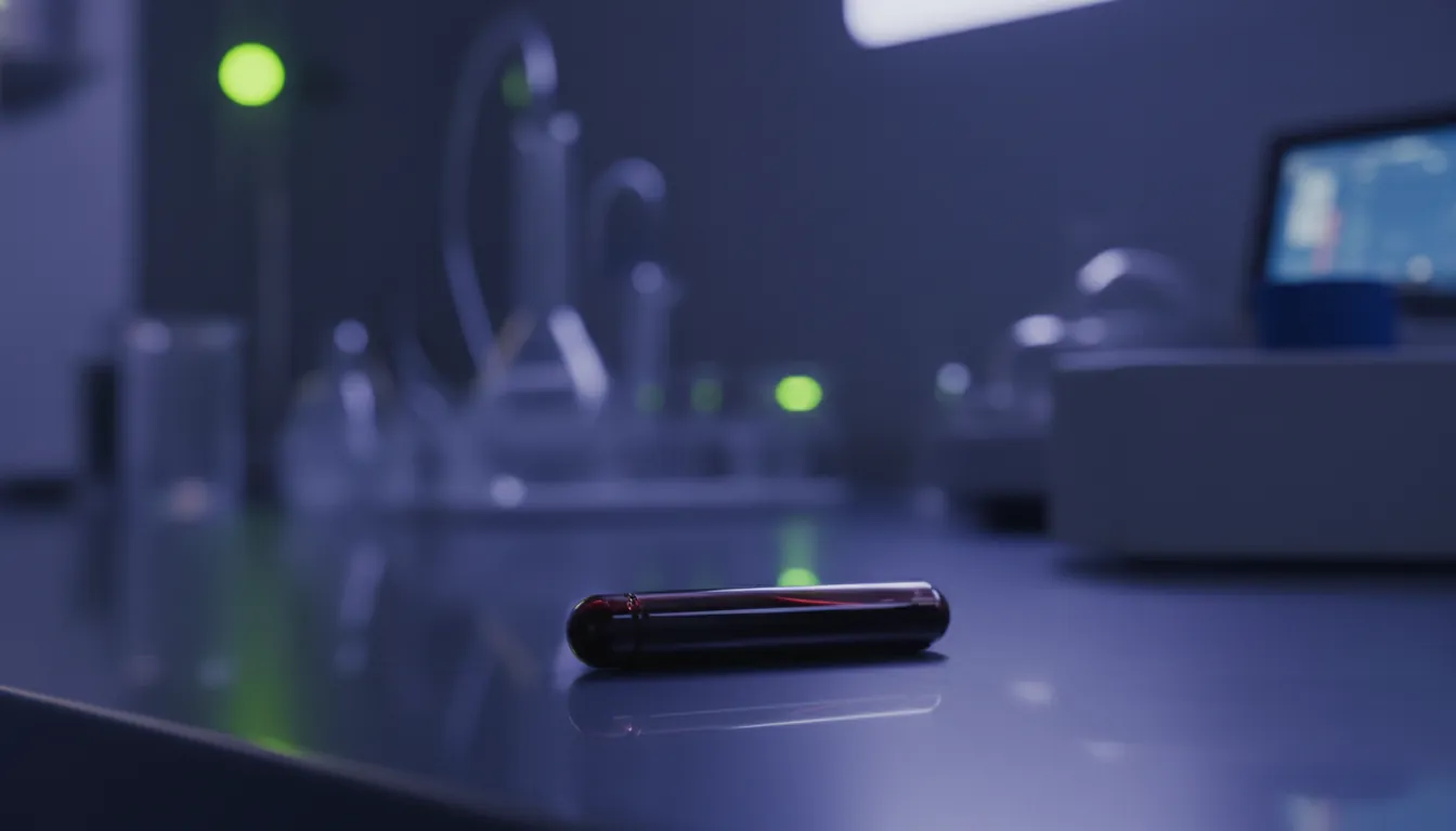 A blood sample in a test tube on a lab bench