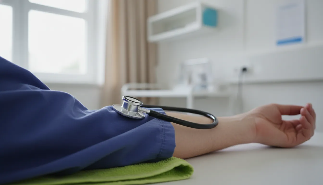 A stethoscope on a patient's arm in a clinical setting