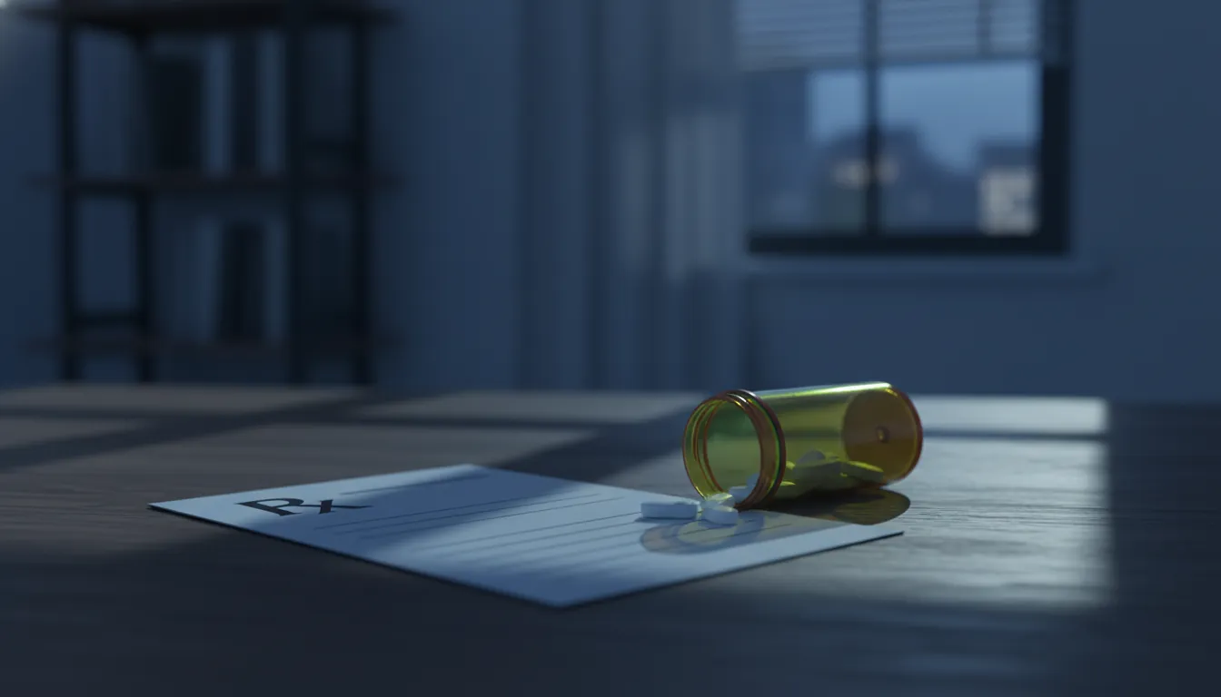A prescription pad and pill bottle on a desk in a dimly lit office