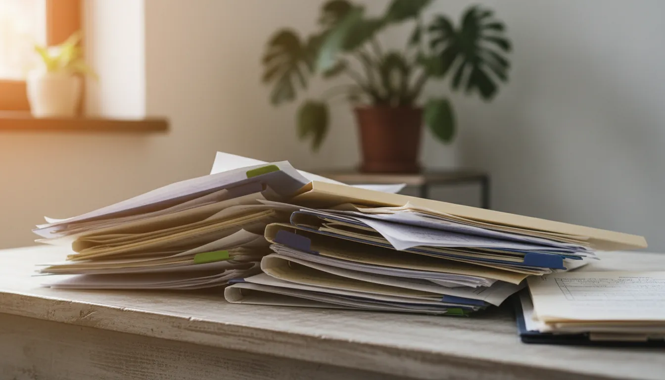 A stack of medical files on a desk with a plant in the background.