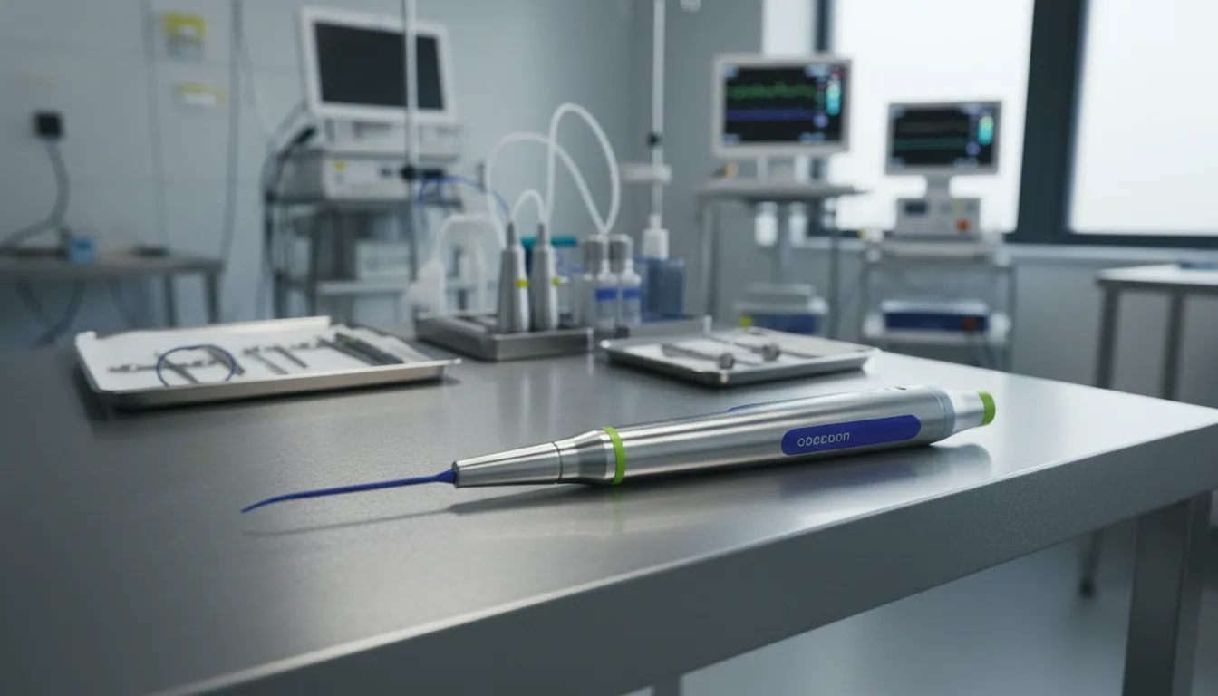 A surgical instrument on a stainless steel table in a clinical workspace.