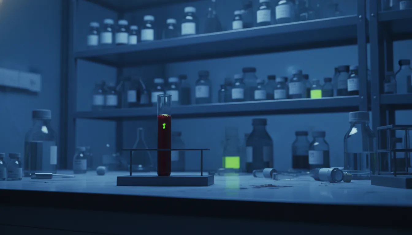 A blood sample in a test tube on a lab bench with reagents in the background.