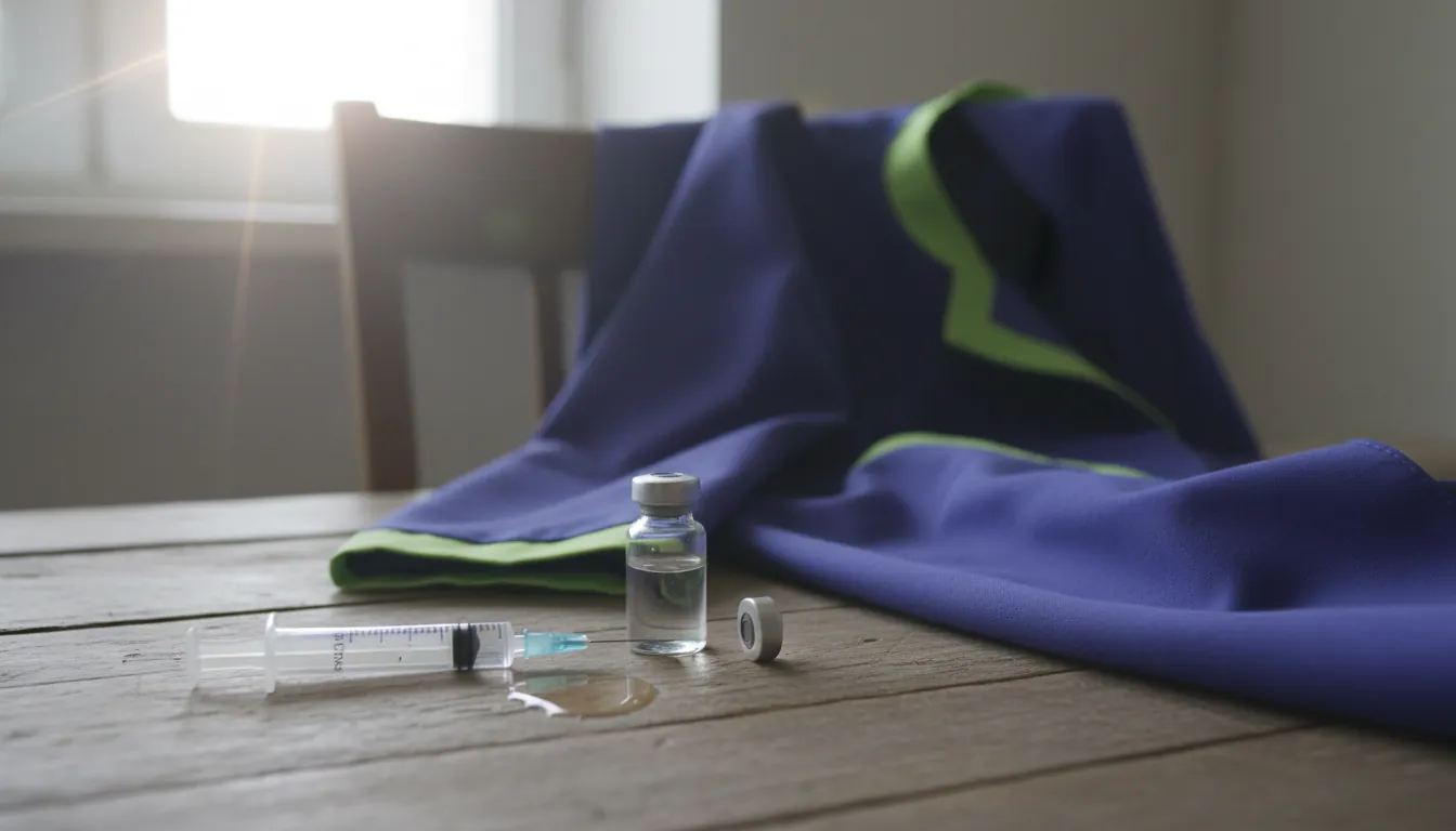 A syringe and vaccine vial on a wooden table in a medical office setting.