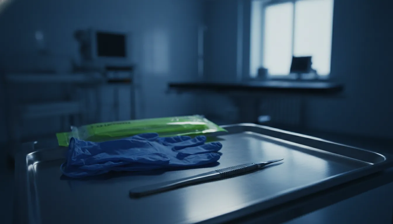 A surgical scalpel and gloves in an operating room
