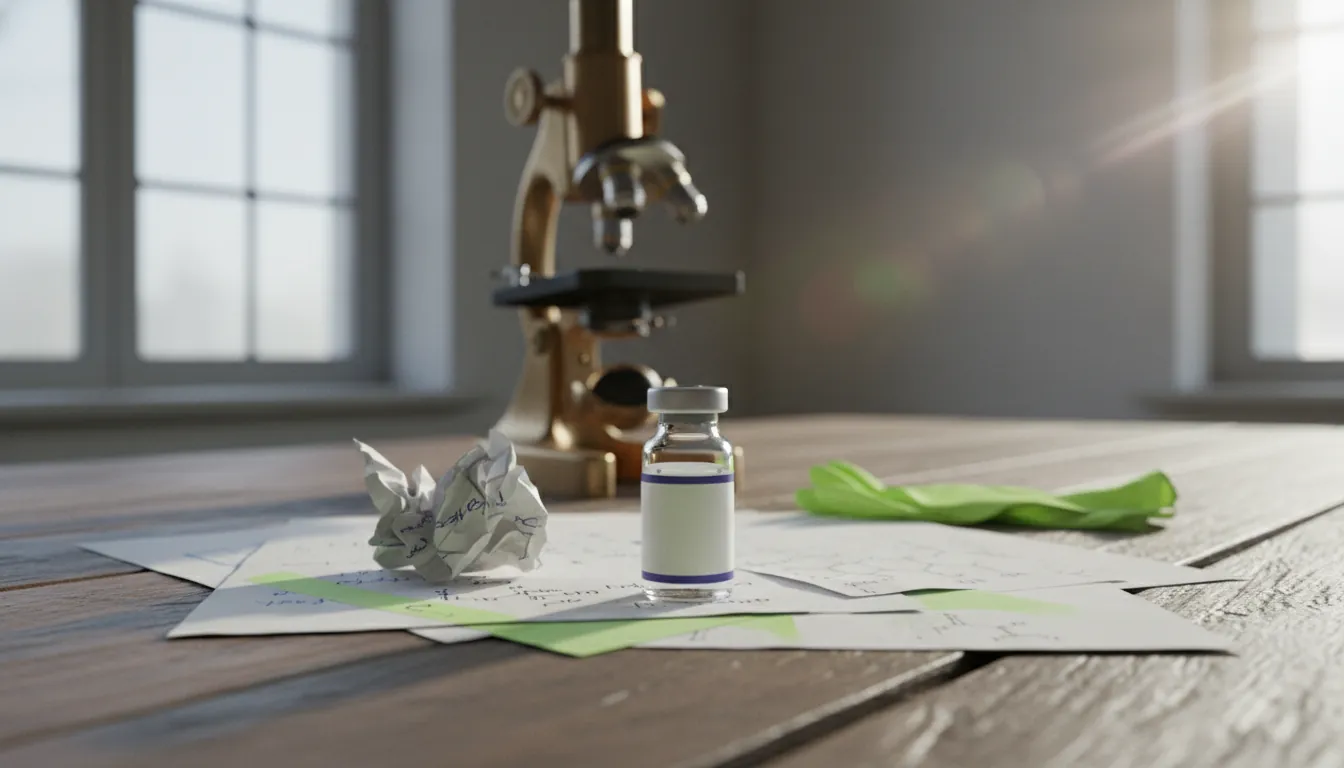 A drug compound vial on a lab bench with research papers in the background.