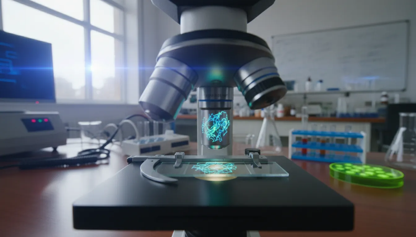 A genomic data sample under a microscope in a lab setting.