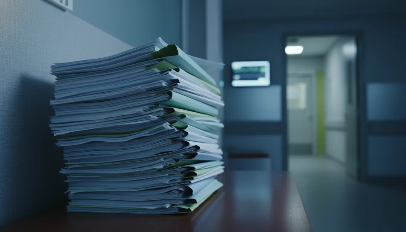 A stack of referral paperwork on a desk in a dimly lit hospital corridor.