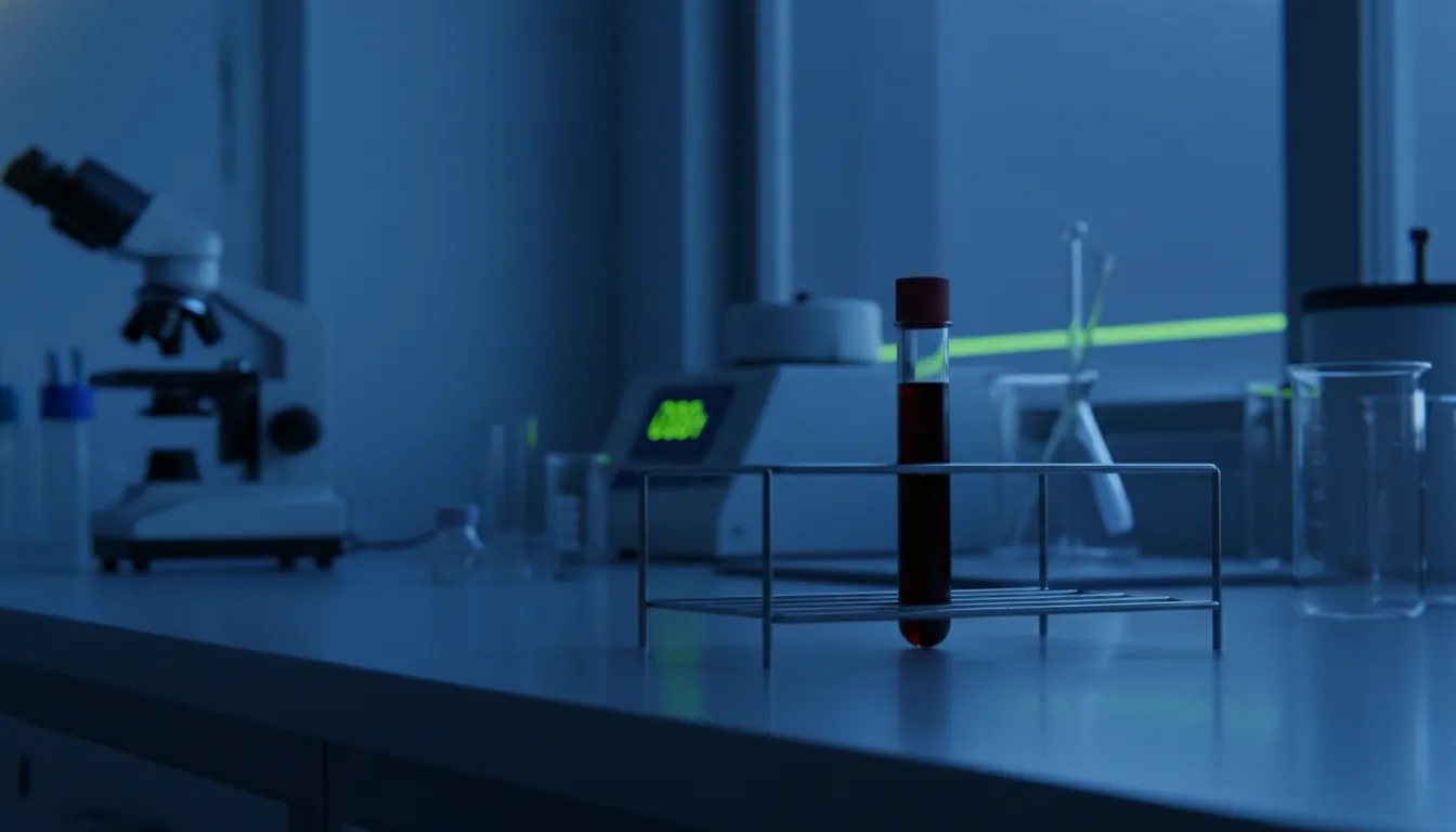 A blood sample in a test tube rack in a dimly lit lab setting.