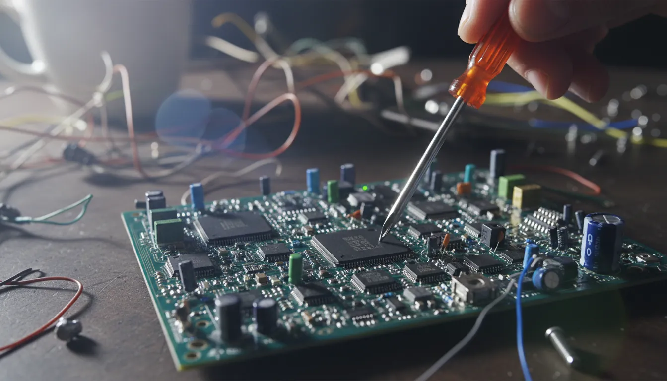 A technician adjusting a circuit board with a screwdriver on a workbench.