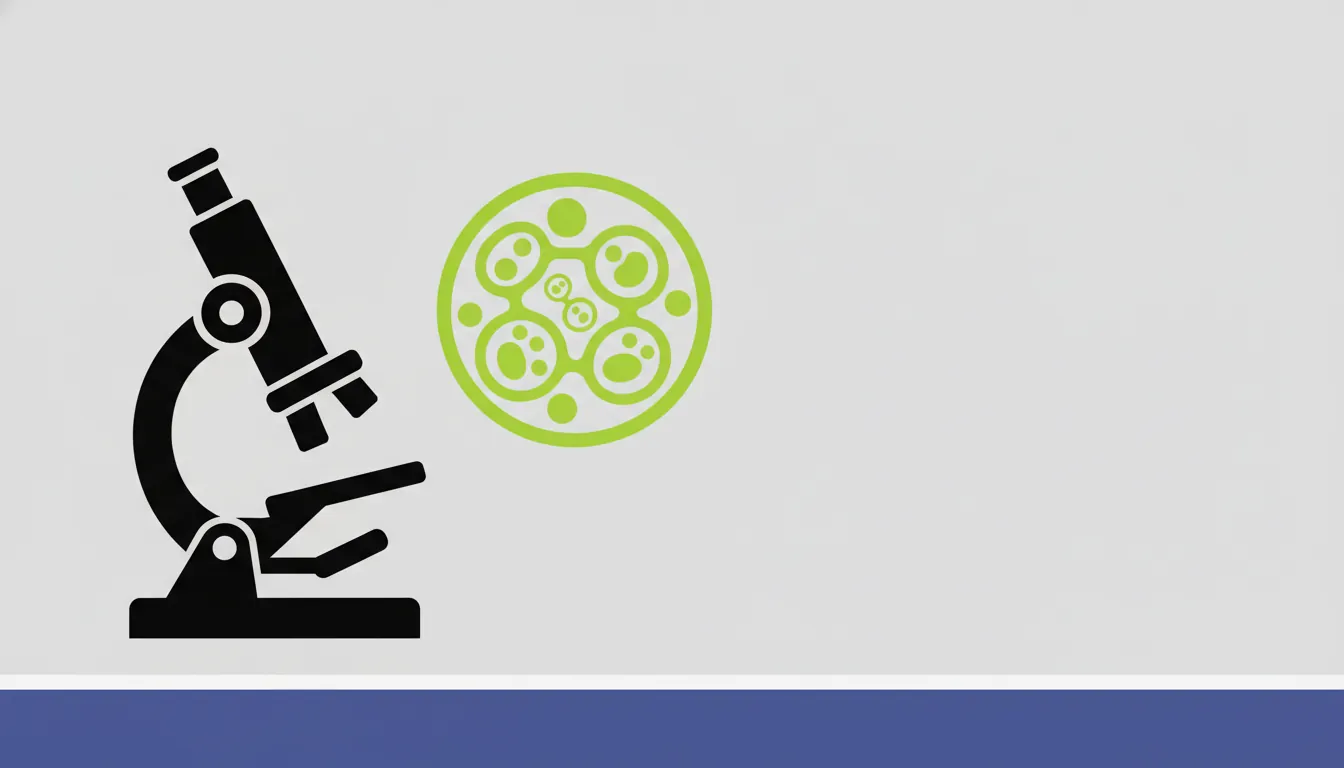 A minimalist illustration of a microscope and a cell sample in flat design.