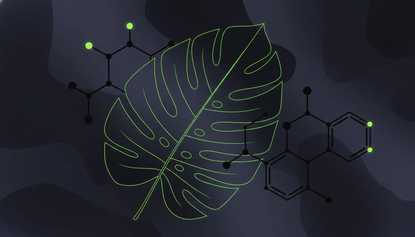 A minimalist illustration of a leaf and a chemical structure in a dark palette.