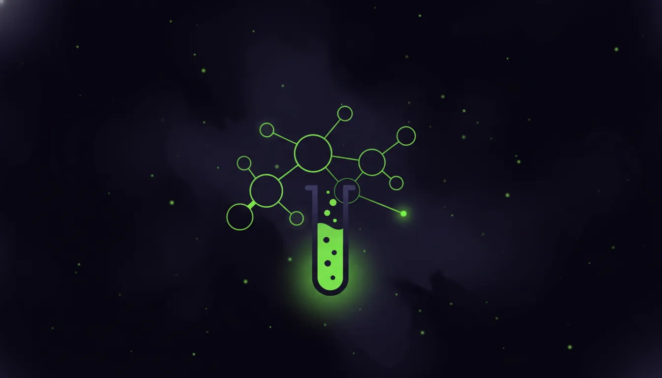 Minimalist illustration of a molecule and test tube representing innovation in drug development.