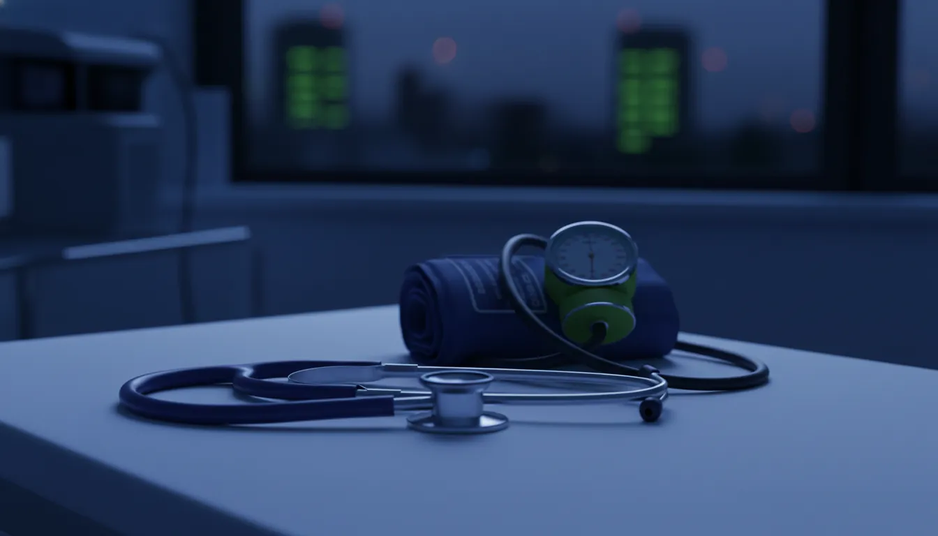A stethoscope and blood pressure cuff in a clinical setting
