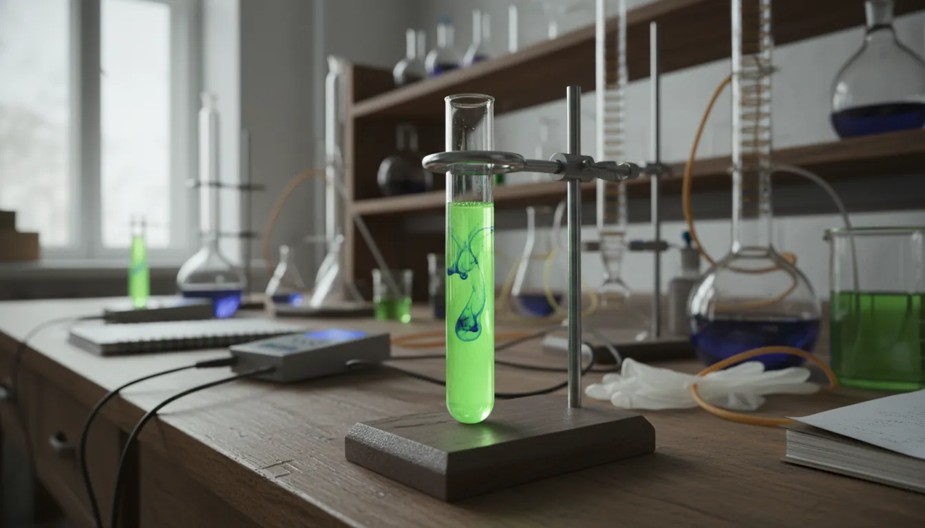 A test tube with a colorful chemical solution on a lab bench