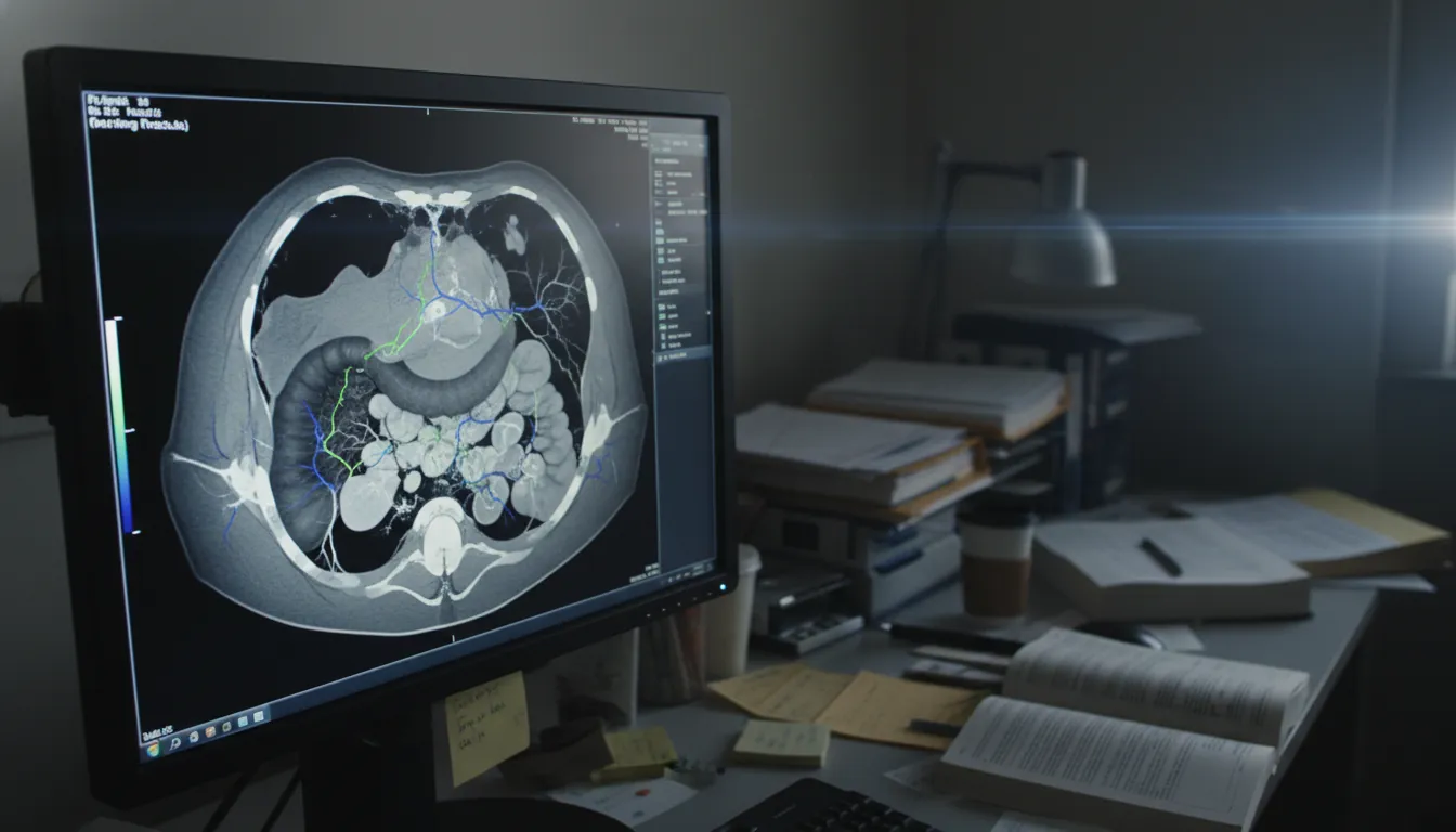 A radiologist's workstation with an abdominal CT scan displayed on a monitor in a dimly lit room.