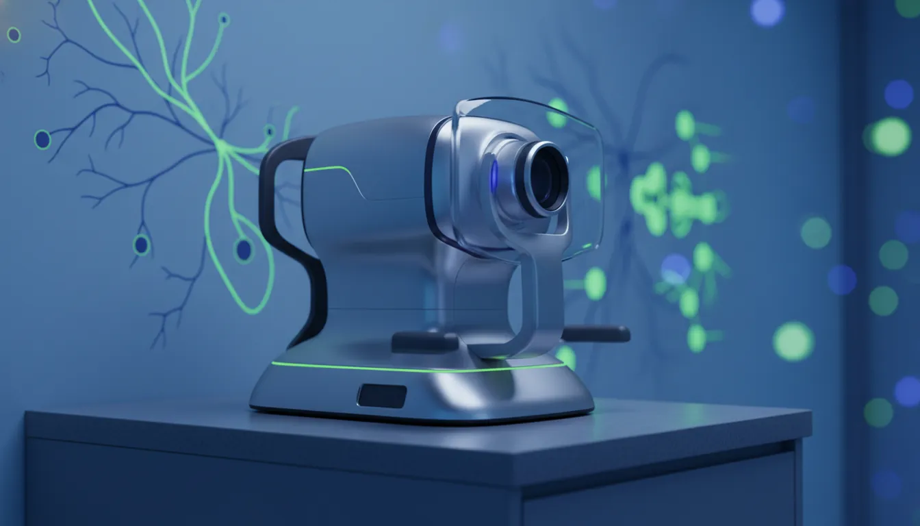 A retinal imaging device in a clinical setting, highlighting the focus on diabetic retinopathy screening.
