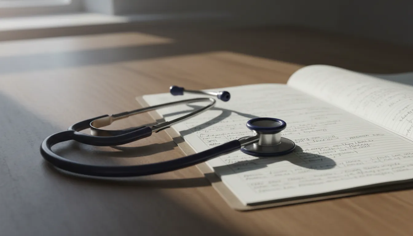 A stethoscope on a desk next to an open patient record in a clinical office.