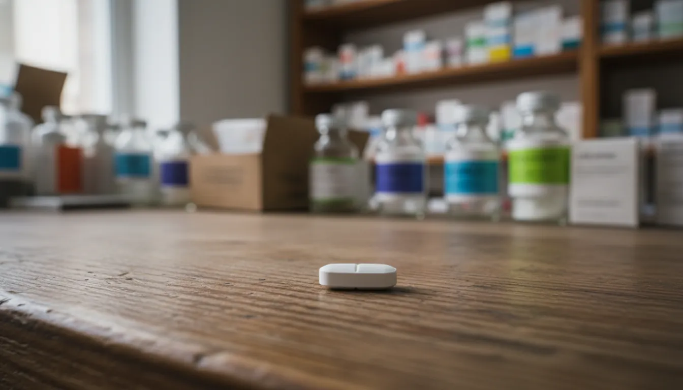A close-up of a pharmaceutical tablet on a pharmacy counter with medication shelves in the background.