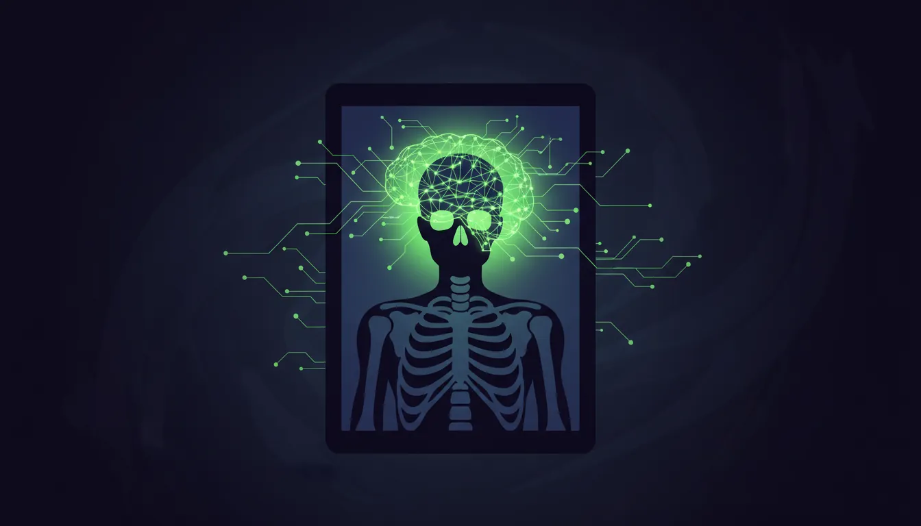 A flat illustration of a radiology film with an AI brain overlay in a dark color scheme.