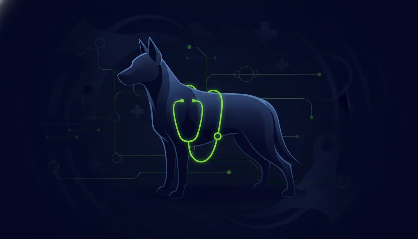 A minimalist illustration of a dog with a stethoscope, symbolizing veterinary diagnostics.