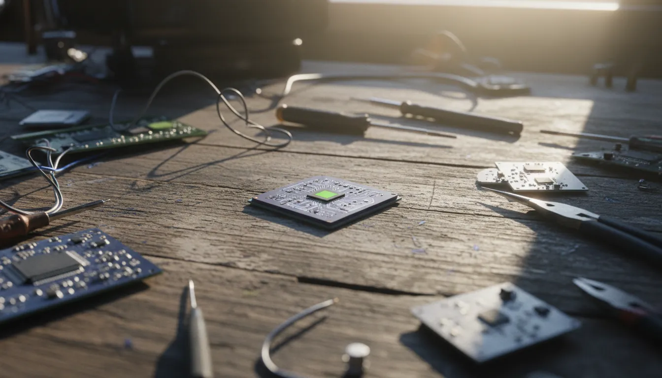 AI chip on a workbench with circuit boards