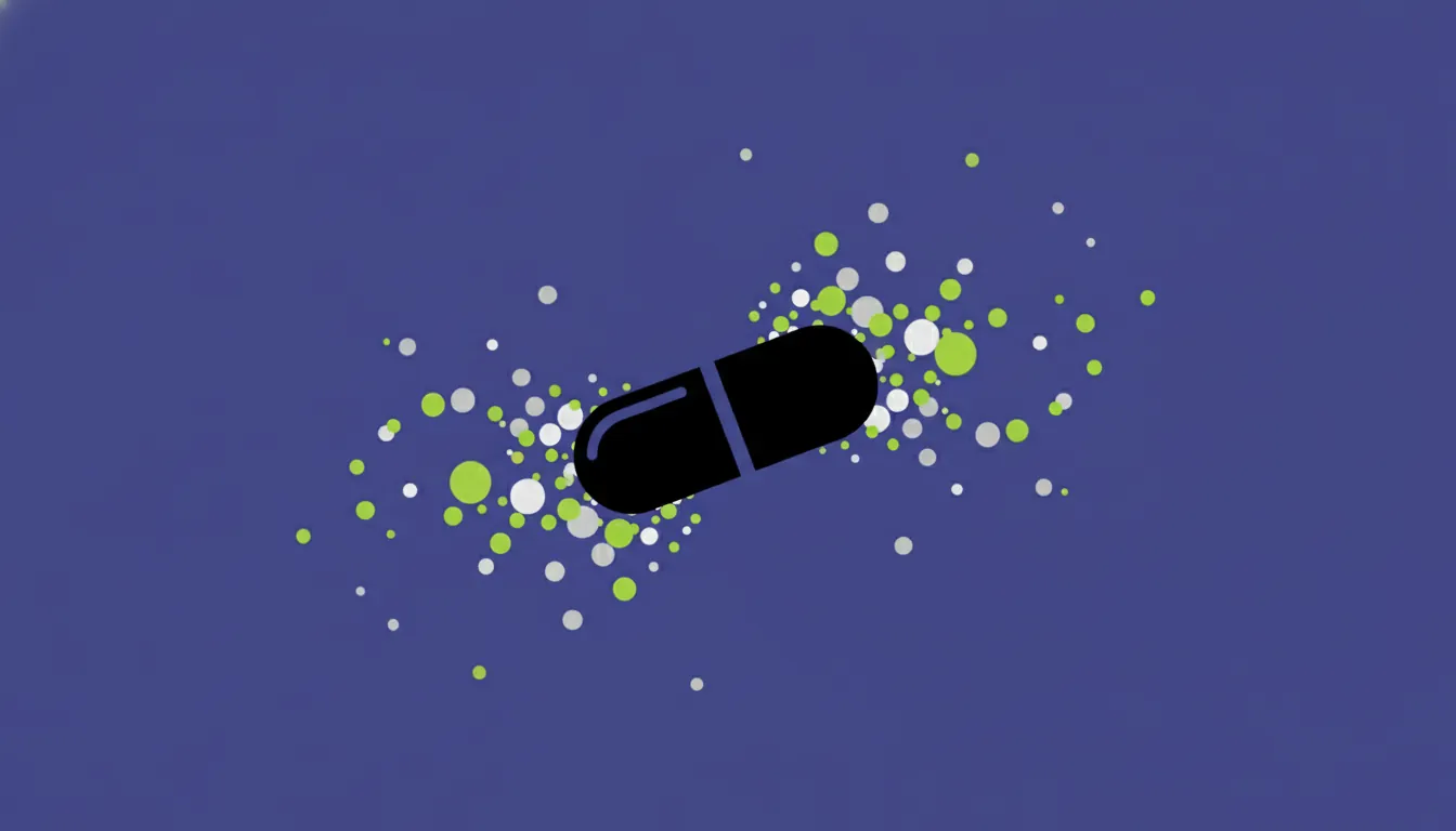 A minimalist illustration of a pill surrounded by abstract data points.