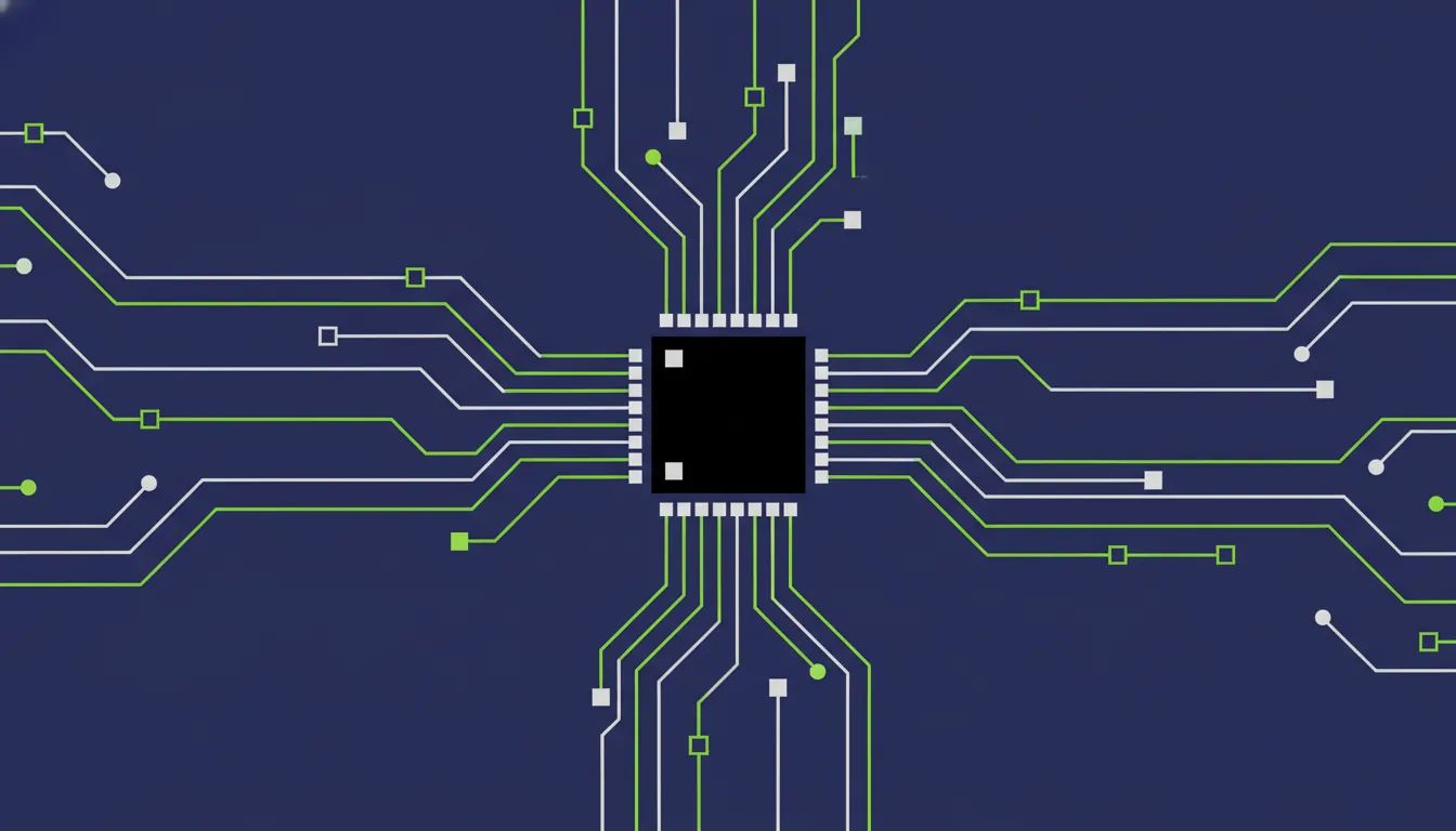 A flat illustration of a semiconductor chip with circuit patterns.