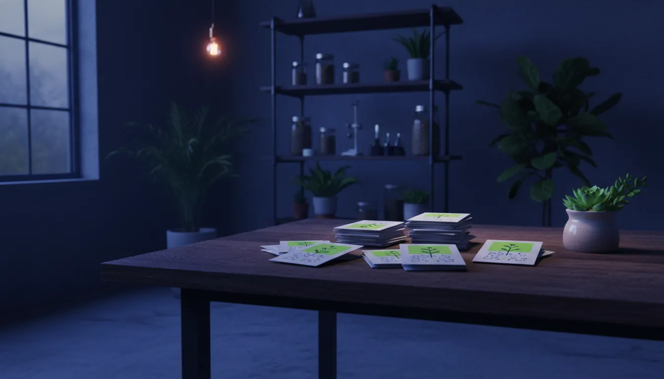 Seed packets on a wooden table in a startup office