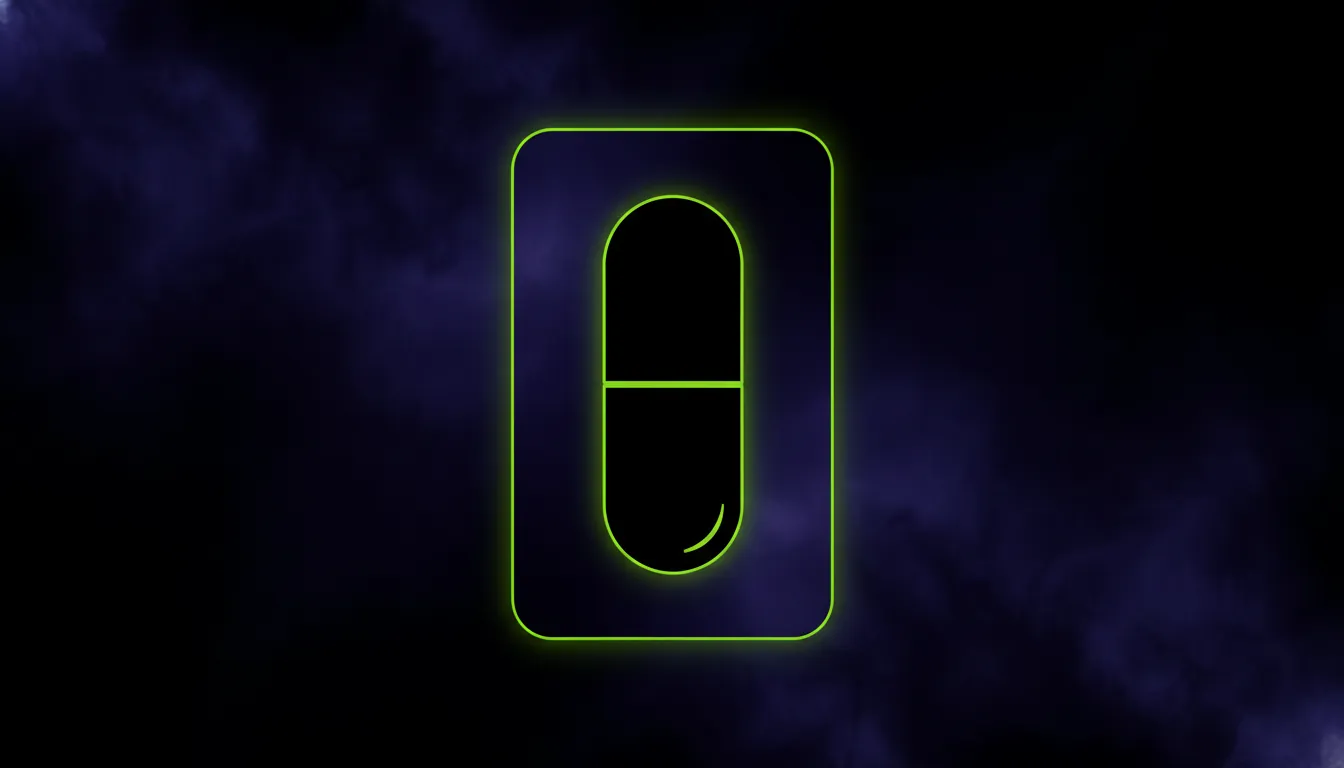 A minimalist illustration of a pill and tablet on a dark background.