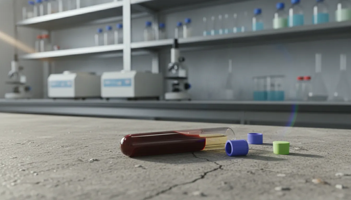 A blood sample in a test tube on a lab bench