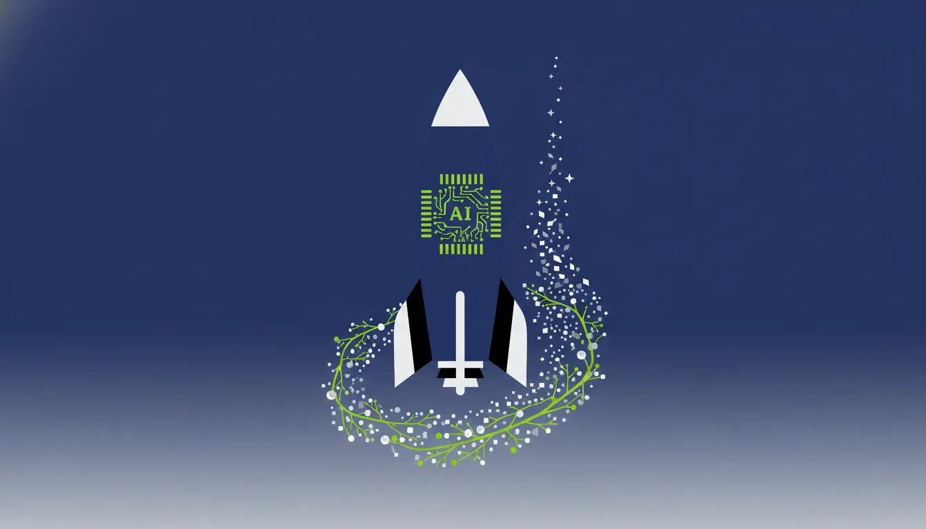 A minimalist illustration of a rocket with an AI chip, representing the shift from biotech to space technology.