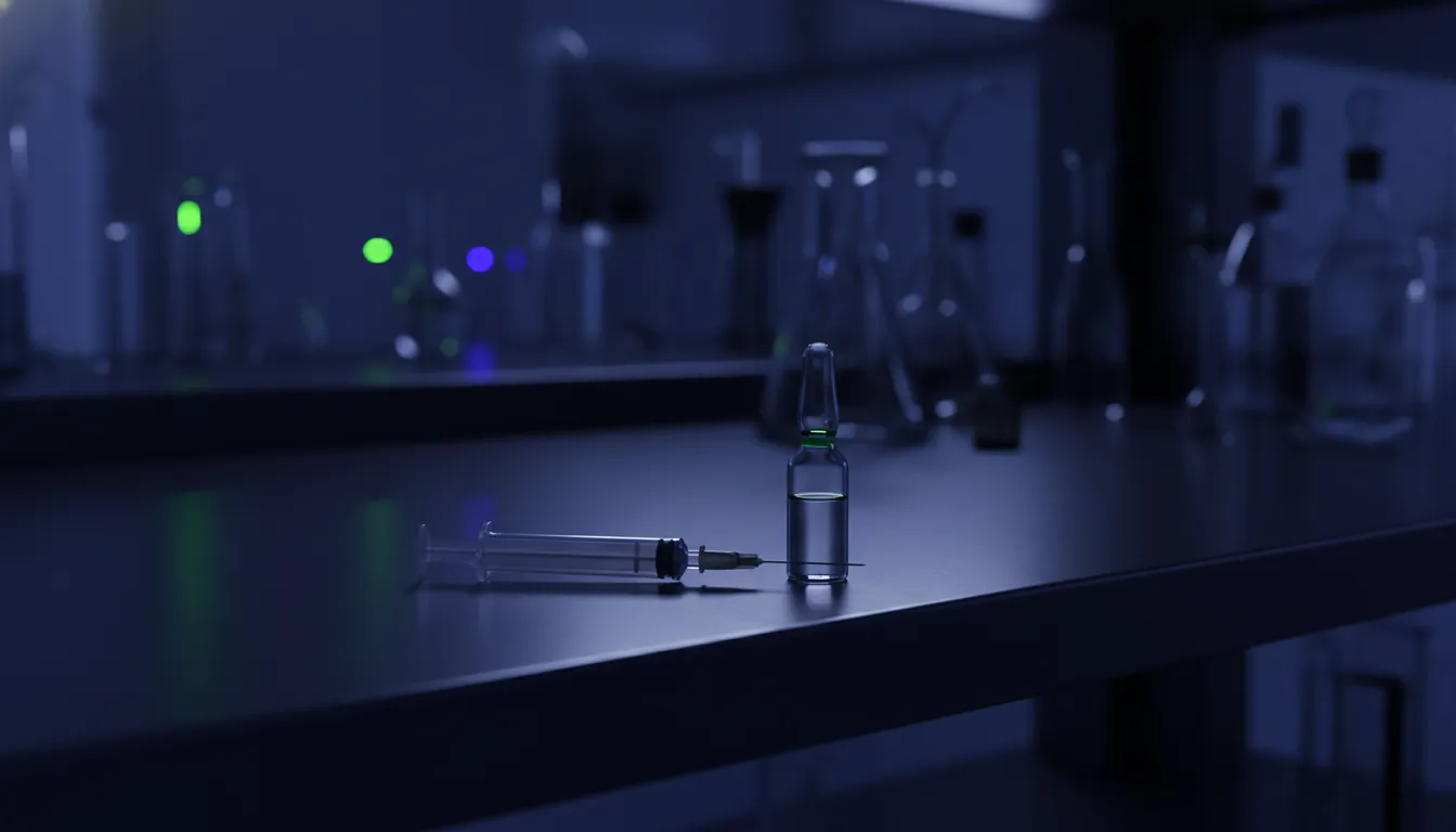 A syringe and ampoule on a laboratory shelf in soft lighting
