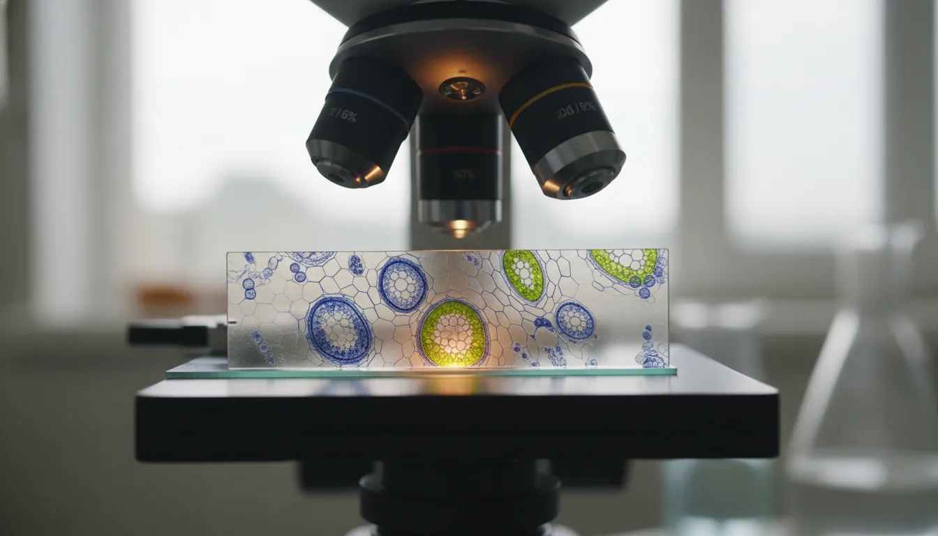 A tissue sample on a glass slide under a microscope in a clinical lab setting.