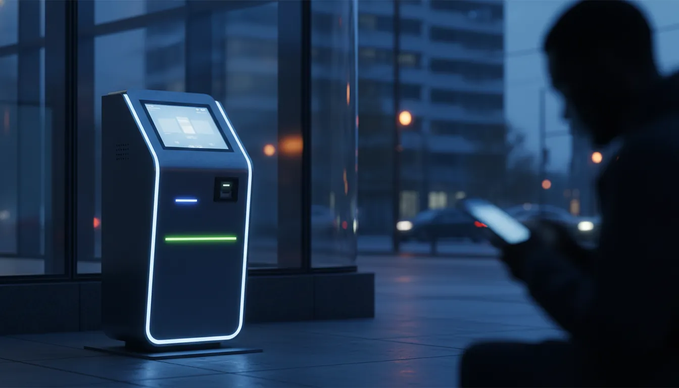 A diagnostic kiosk on an urban street corner at dusk, with a person using a mobile app in the background.
