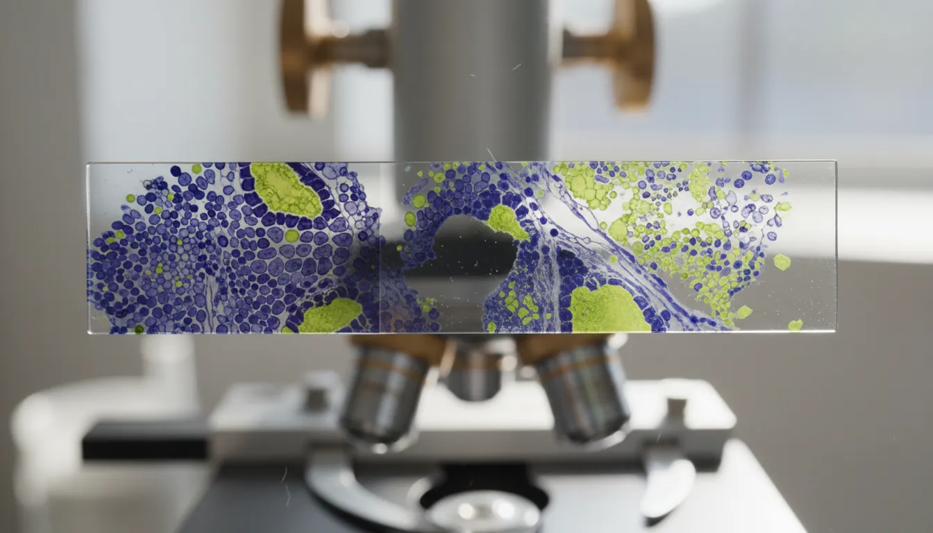 A stained tissue sample on a microscope slide in a lab setting.