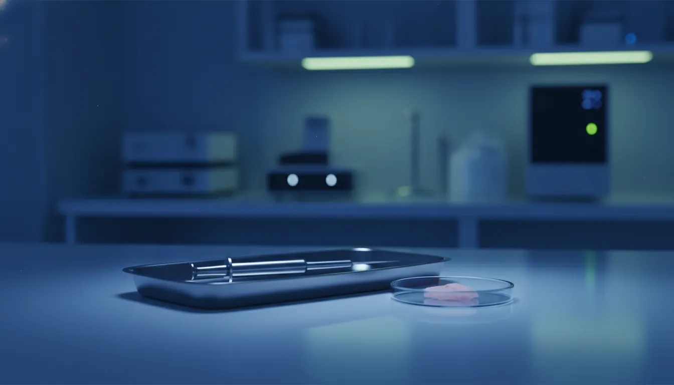 A biopsy needle and tissue sample in a clinical lab setting