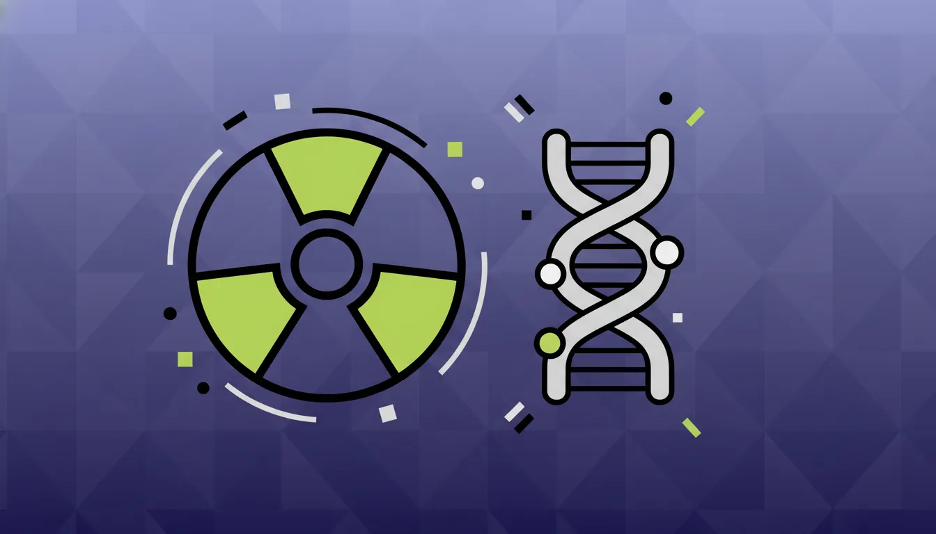 A minimalist representation of nuclear energy and biotech in flat design.