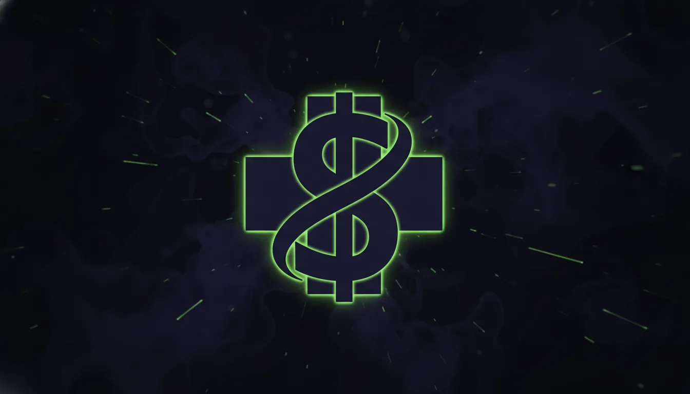 A minimalist representation of a dollar sign and medical cross in a dark palette.
