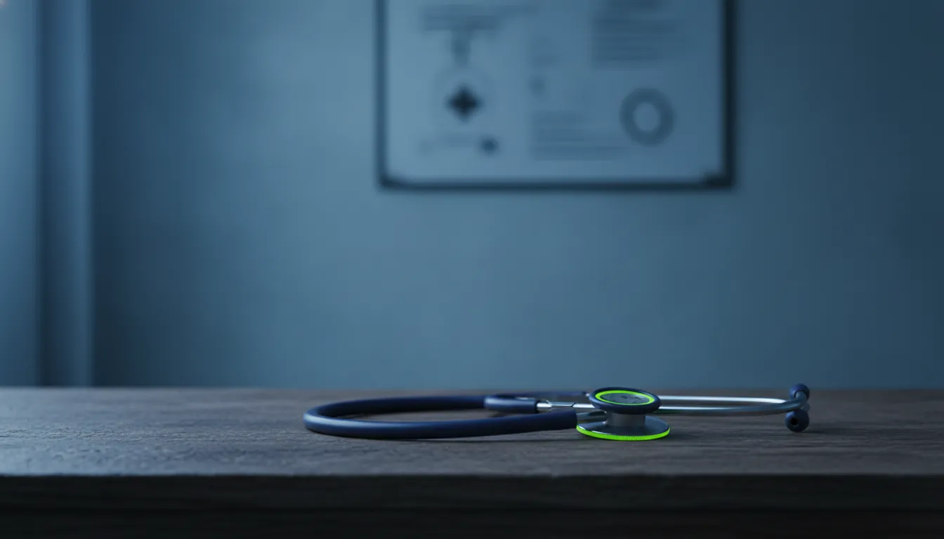 A stethoscope on an examination table in a dimly lit room