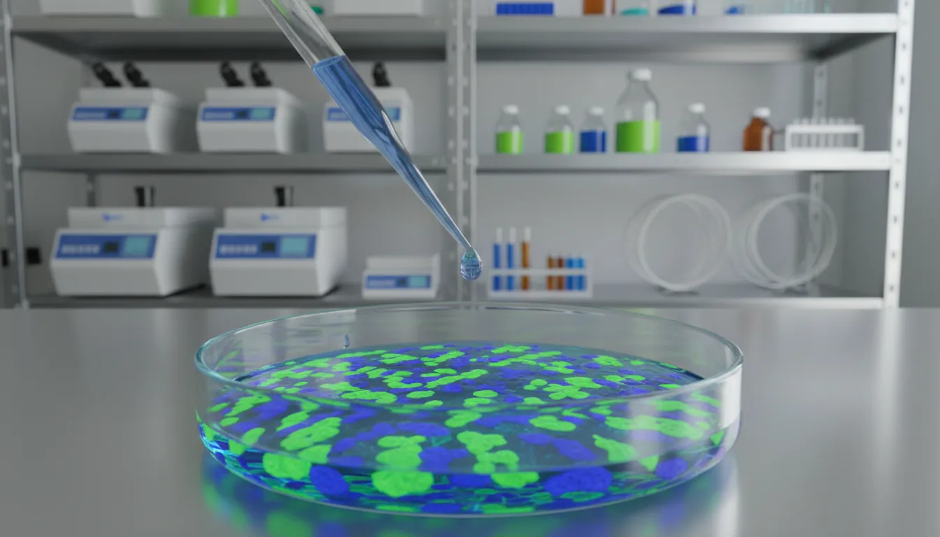 A close-up of a cell culture dish in a lab setting, with a pipette above it.