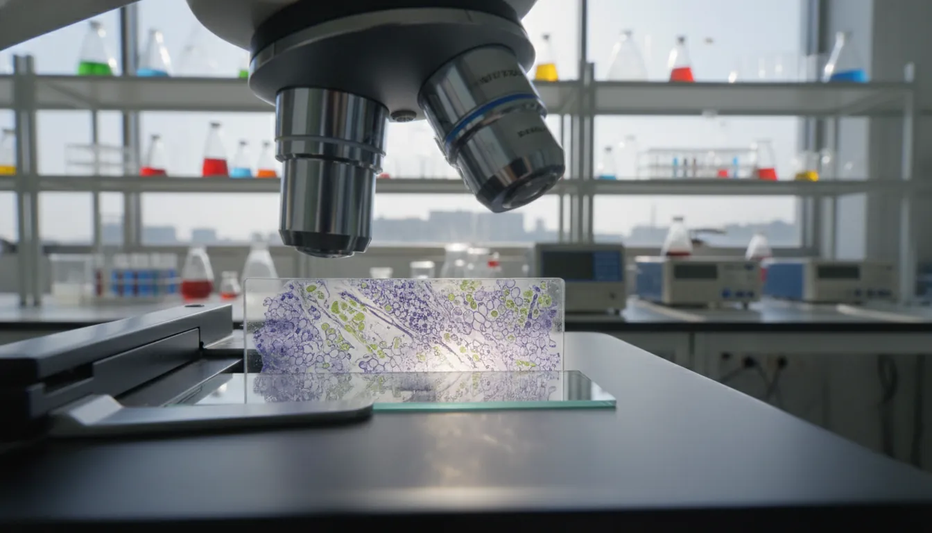 A tissue sample on a microscope slide in a laboratory setting.