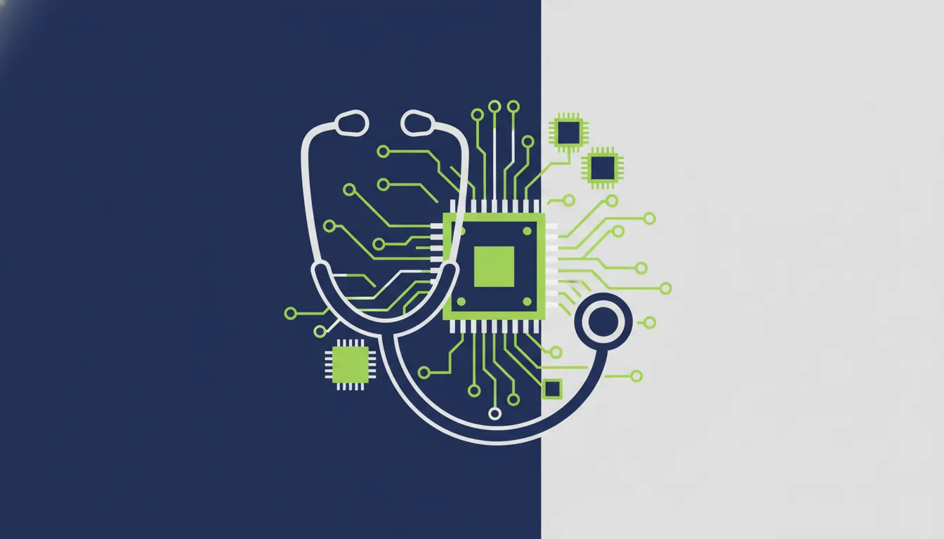 A stethoscope and circuit board illustration representing AI in healthcare
