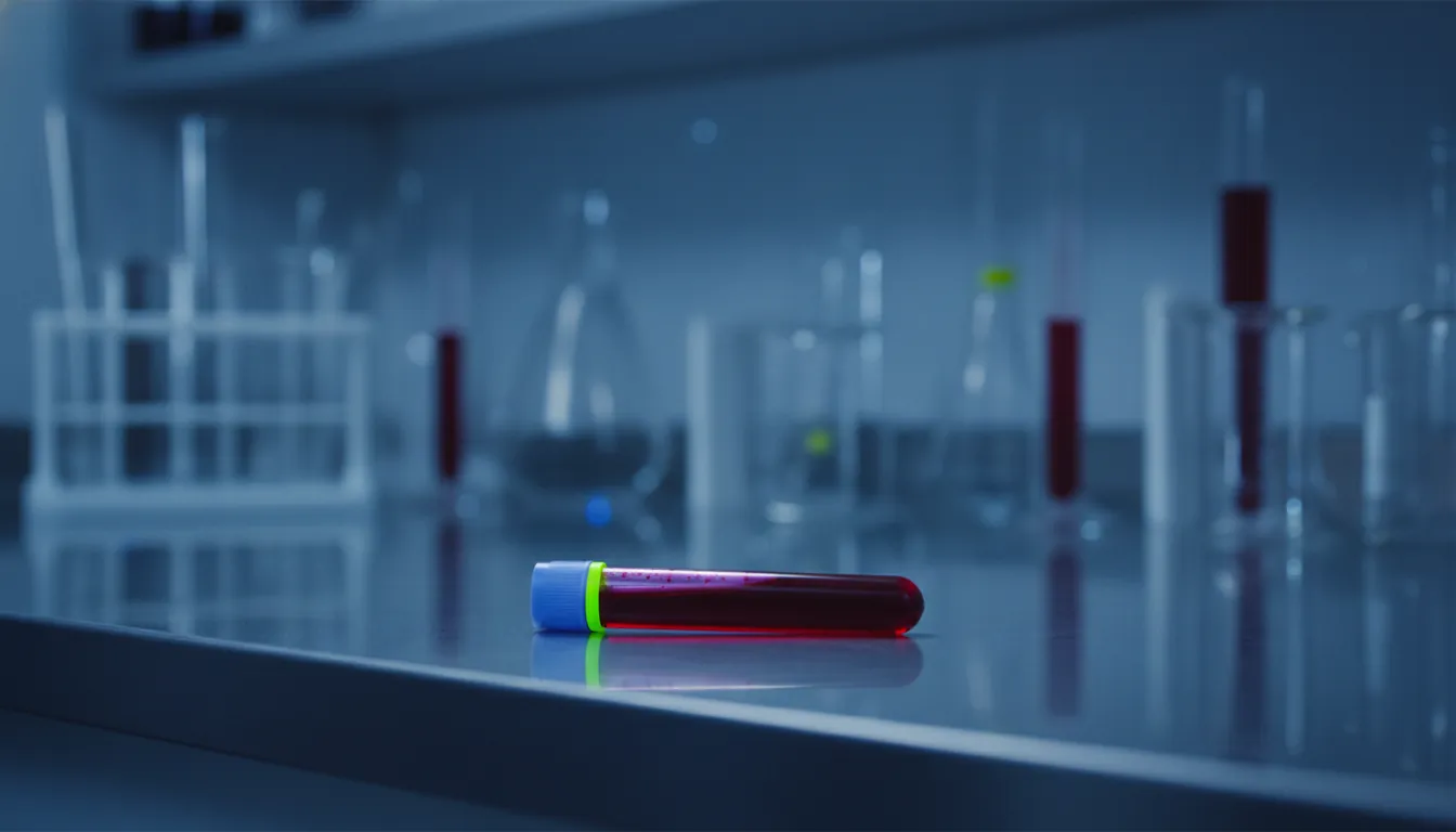 A test tube with a blood sample in a clinical lab setting