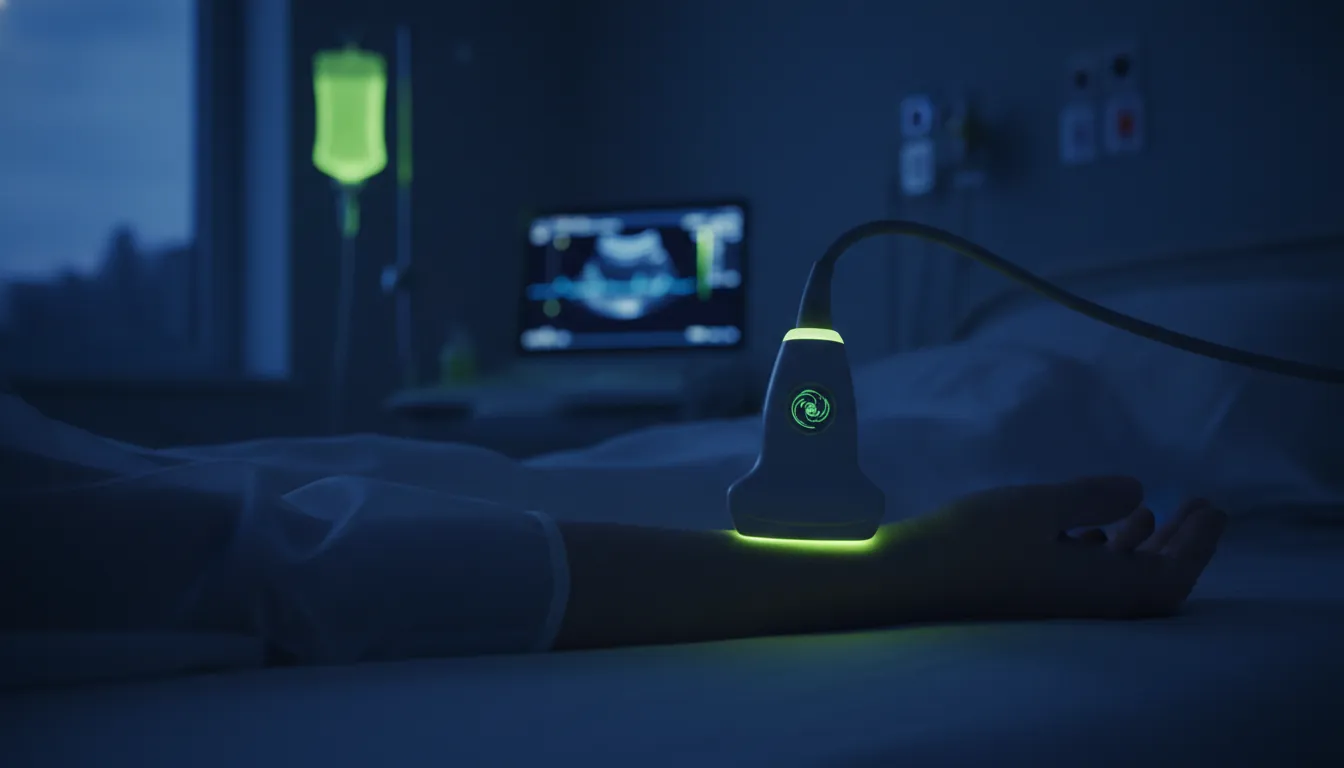 An ultrasound probe on a patient's arm in a dimly lit hospital room.